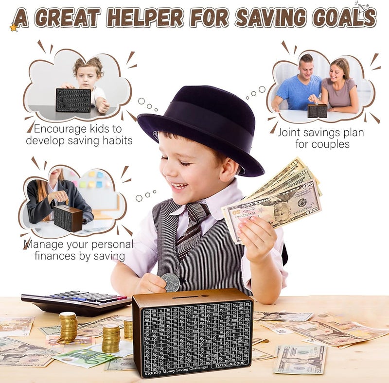 Gomyrod Wooden Money Saving Box, Cash Vault Savings Box for $10000 $5000 $3000 $1000 $800 $500 Target Money Saving Challenge, Reusable Money Box with Counter, Dry Erase Pen/Savings Trackers/Rubber Band-Brown - Image 4